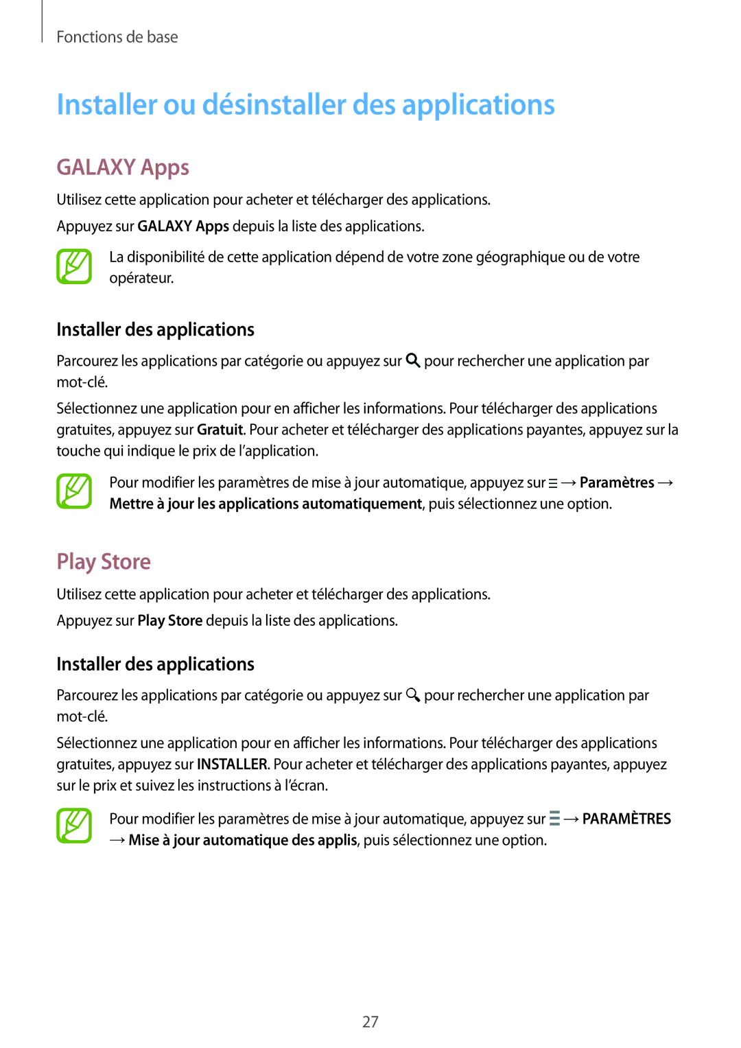 Samsung SM-T700NZWAXEF Installer ou désinstaller des applications, Galaxy Apps, Play Store, Installer des applications 