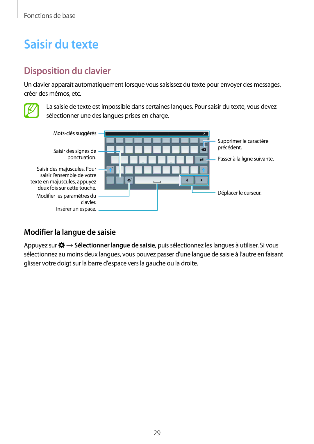 Samsung SM-T700NHAAXEF, SM-T700NZWAXEF manual Saisir du texte, Disposition du clavier, Modifier la langue de saisie 