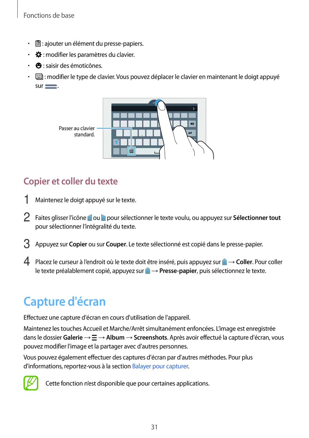 Samsung SM-T700NTSAXEF, SM-T700NZWAXEF, SM-T700NHAAXEF manual Capture décran, Copier et coller du texte 