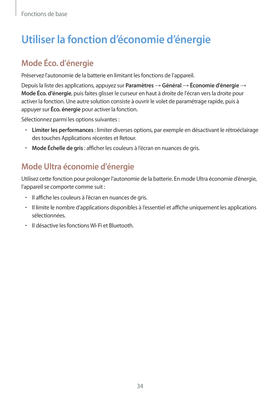 Samsung SM-T700NTSAXEF manual Utiliser la fonction d’économie d’énergie, Mode Éco. dénergie, Mode Ultra économie dénergie 