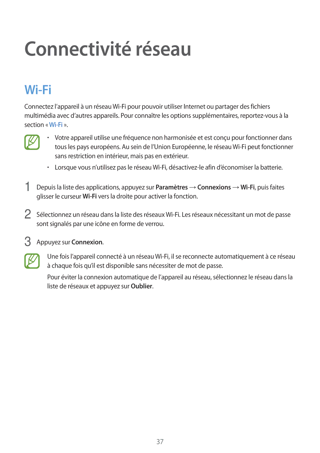 Samsung SM-T700NTSAXEF, SM-T700NZWAXEF, SM-T700NHAAXEF manual Connectivité réseau, Wi-Fi 