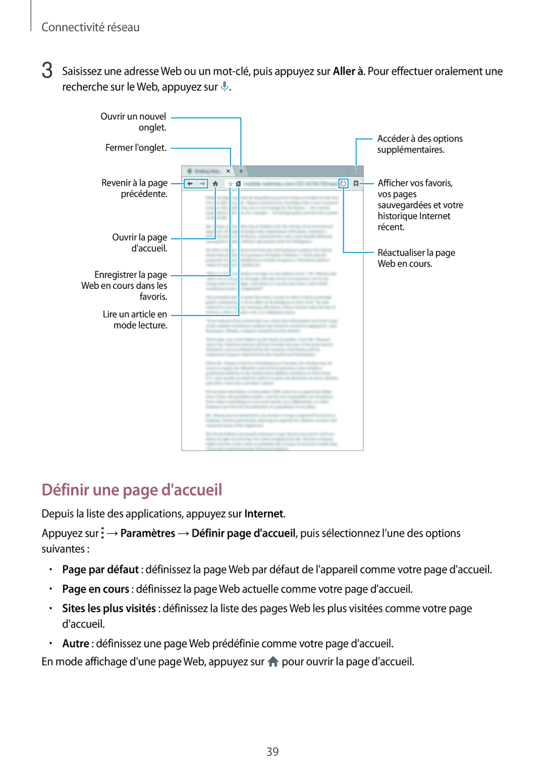 Samsung SM-T700NZWAXEF, SM-T700NTSAXEF, SM-T700NHAAXEF manual Définir une page daccueil, Fermer longlet 