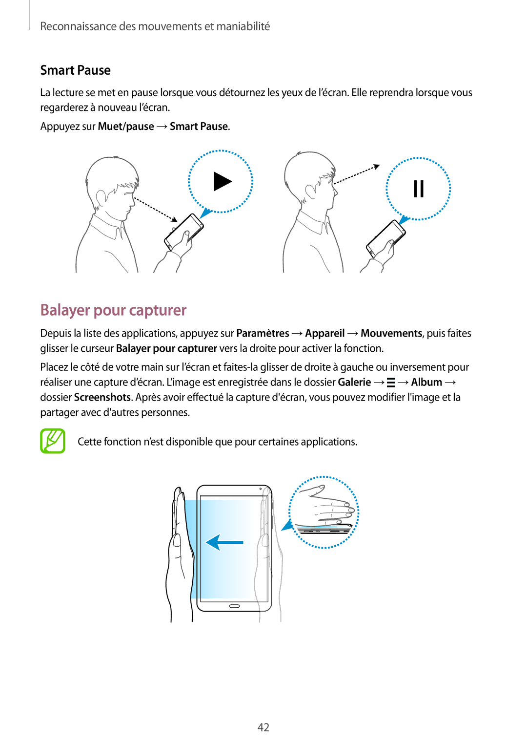 Samsung SM-T700NZWAXEF, SM-T700NTSAXEF, SM-T700NHAAXEF manual Balayer pour capturer, Appuyez sur Muet/pause → Smart Pause 