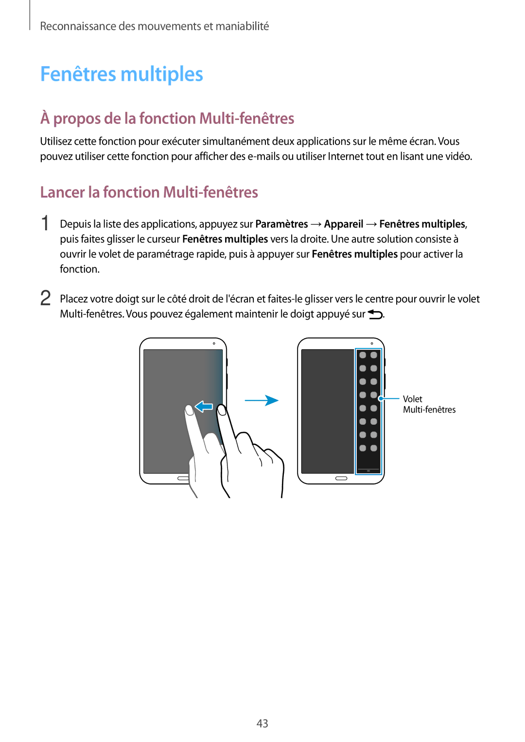 Samsung SM-T700NTSAXEF manual Fenêtres multiples, Propos de la fonction Multi-fenêtres, Lancer la fonction Multi-fenêtres 