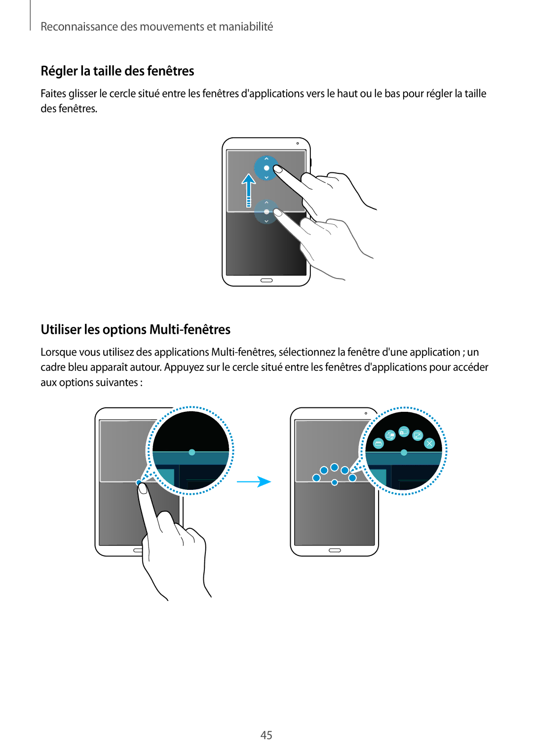 Samsung SM-T700NZWAXEF, SM-T700NTSAXEF, SM-T700NHAAXEF Régler la taille des fenêtres, Utiliser les options Multi-fenêtres 