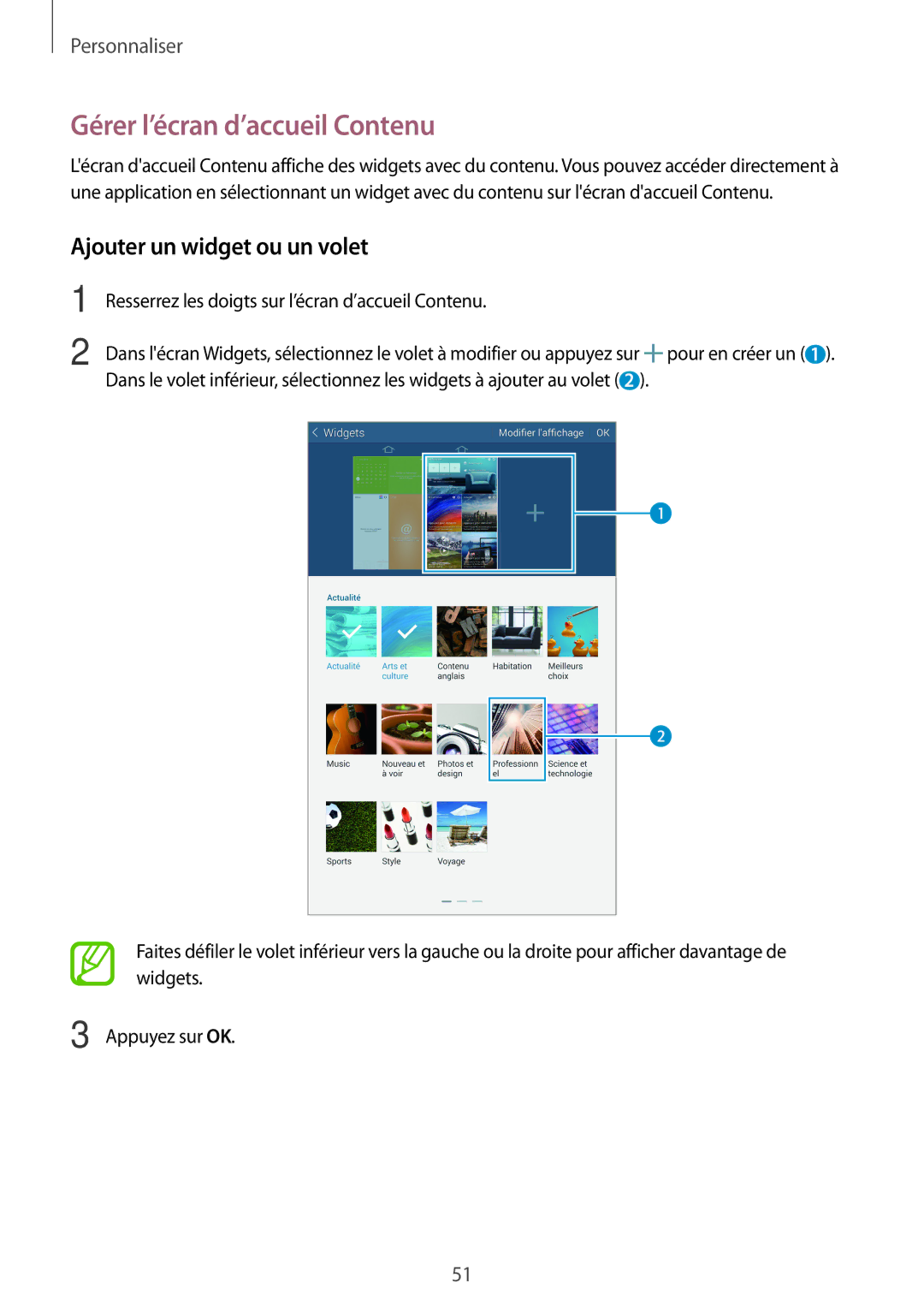 Samsung SM-T700NZWAXEF, SM-T700NTSAXEF, SM-T700NHAAXEF manual Gérer l’écran d’accueil Contenu, Ajouter un widget ou un volet 