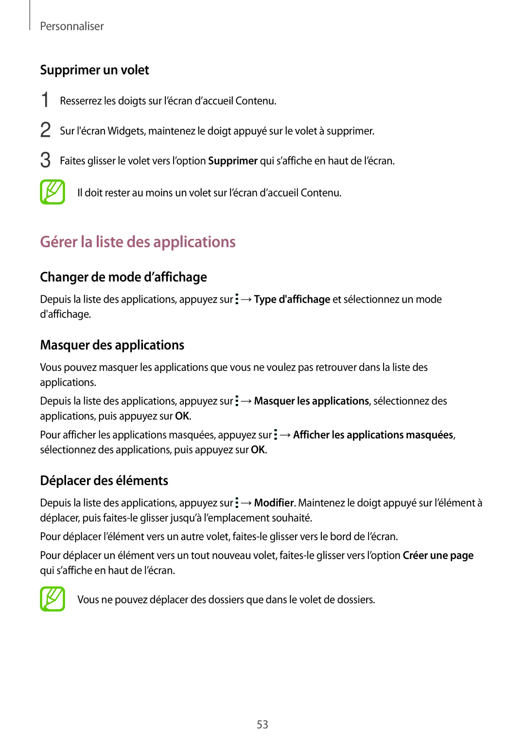 Samsung SM-T700NHAAXEF, SM-T700NZWAXEF Gérer la liste des applications, Supprimer un volet, Changer de mode d’affichage 