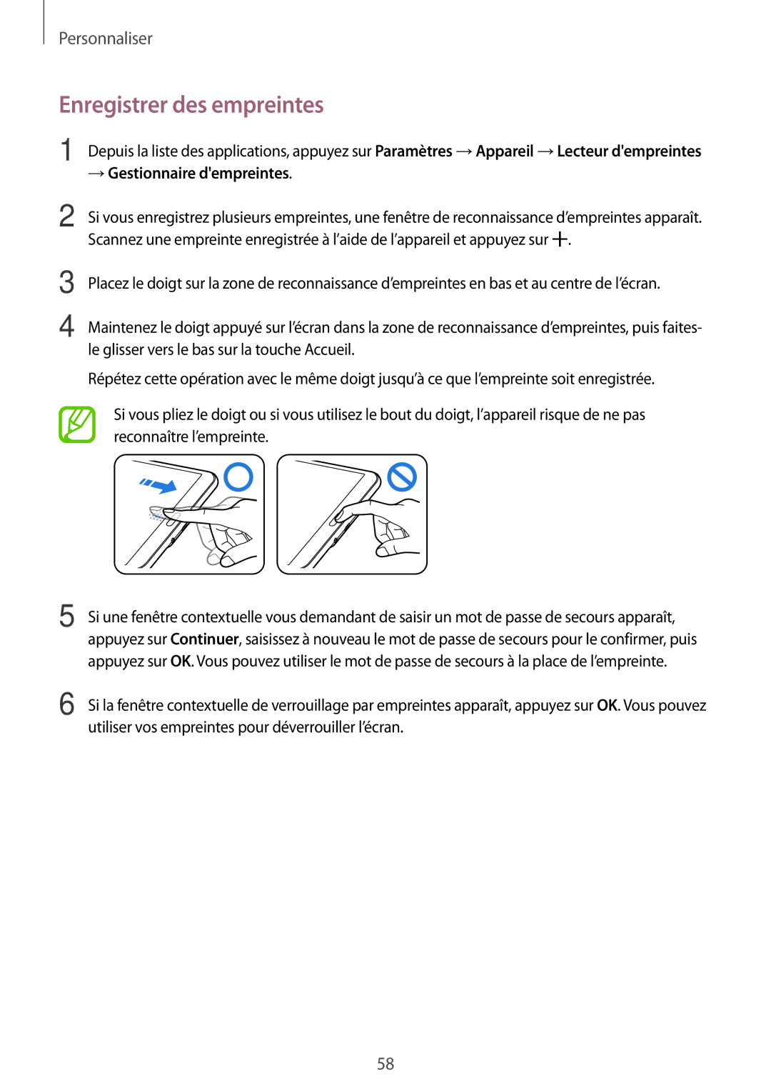 Samsung SM-T700NTSAXEF, SM-T700NZWAXEF, SM-T700NHAAXEF manual Enregistrer des empreintes, → Gestionnaire dempreintes 