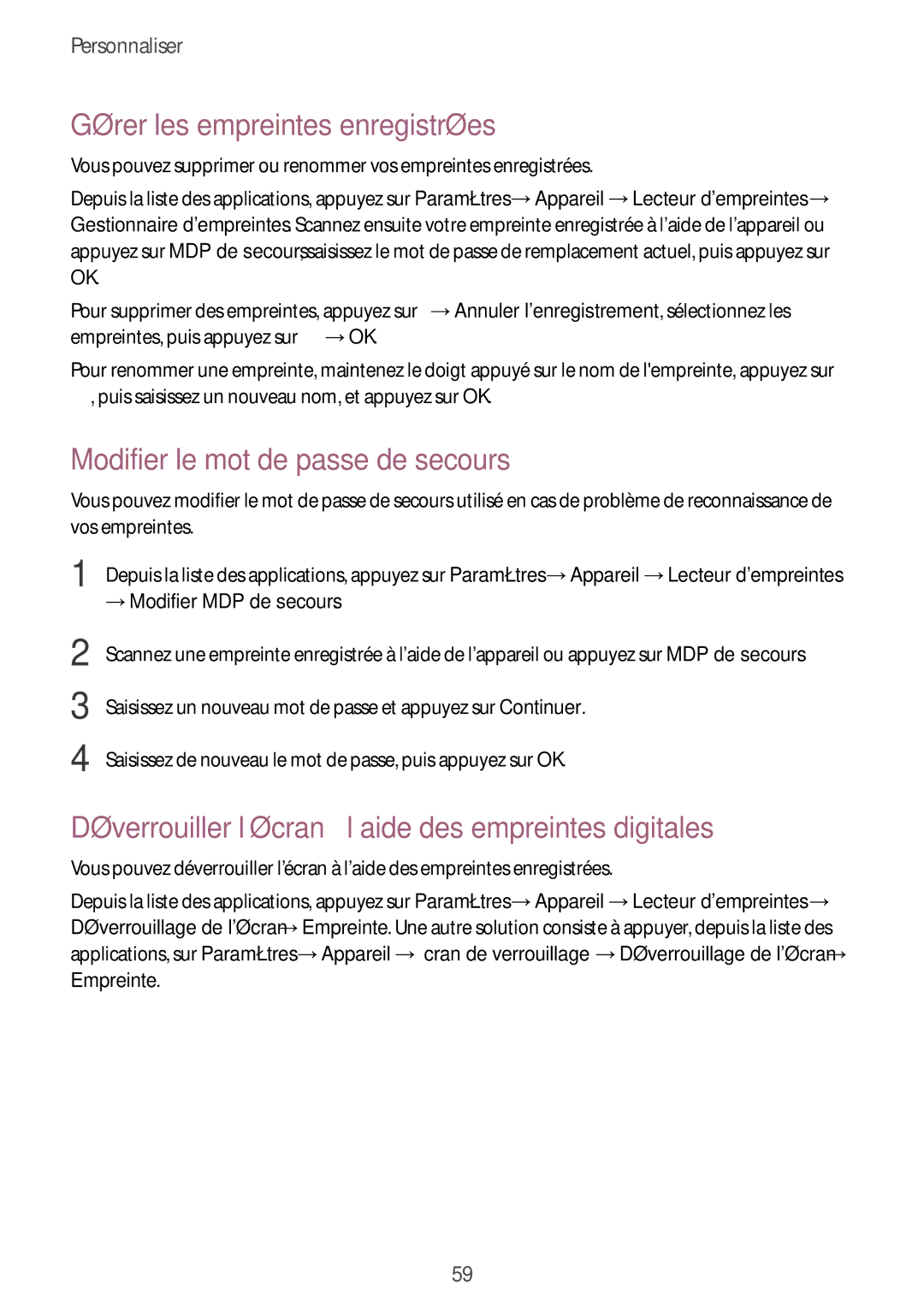 Samsung SM-T700NHAAXEF Gérer les empreintes enregistrées, Modifier le mot de passe de secours, → Modifier MDP de secours 