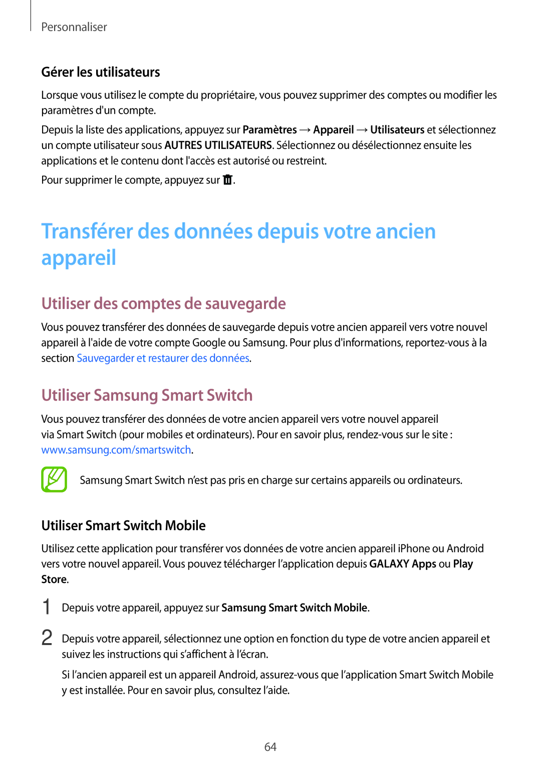 Samsung SM-T700NTSAXEF manual Transférer des données depuis votre ancien appareil, Utiliser des comptes de sauvegarde 