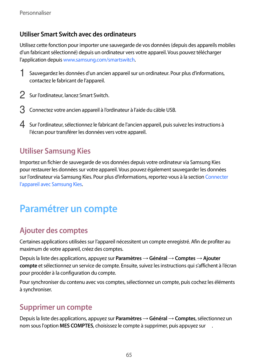 Samsung SM-T700NHAAXEF manual Paramétrer un compte, Utiliser Samsung Kies, Ajouter des comptes, Supprimer un compte 