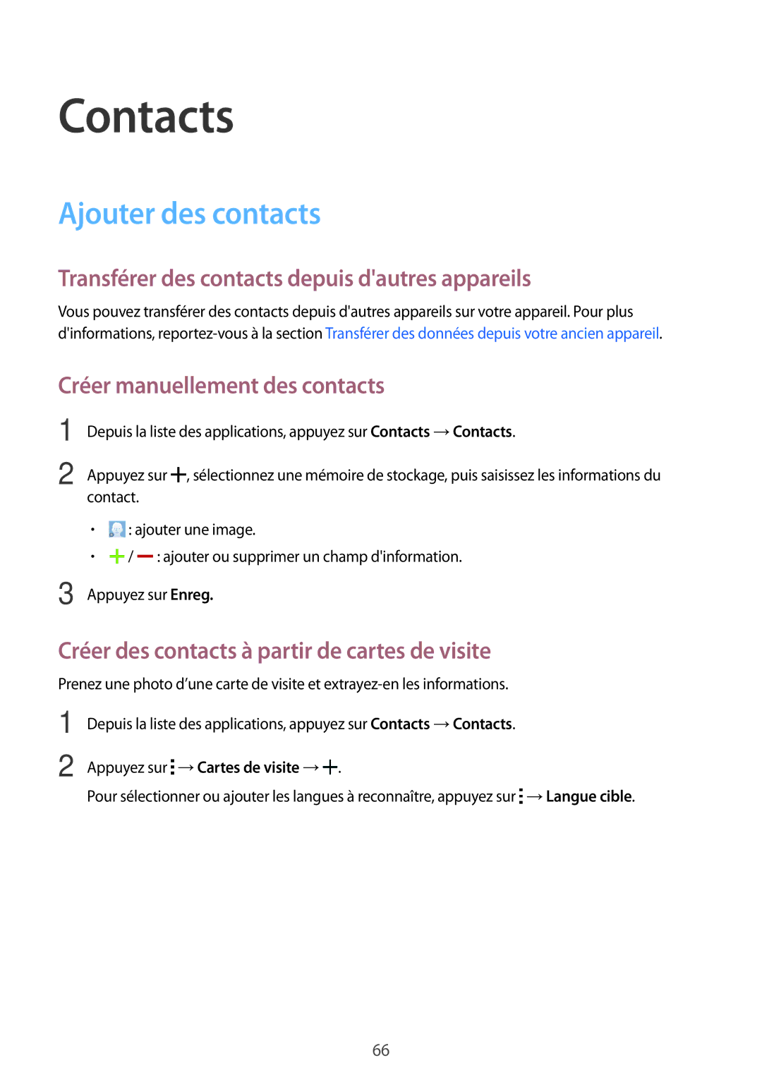 Samsung SM-T700NZWAXEF, SM-T700NTSAXEF Contacts, Ajouter des contacts, Transférer des contacts depuis dautres appareils 