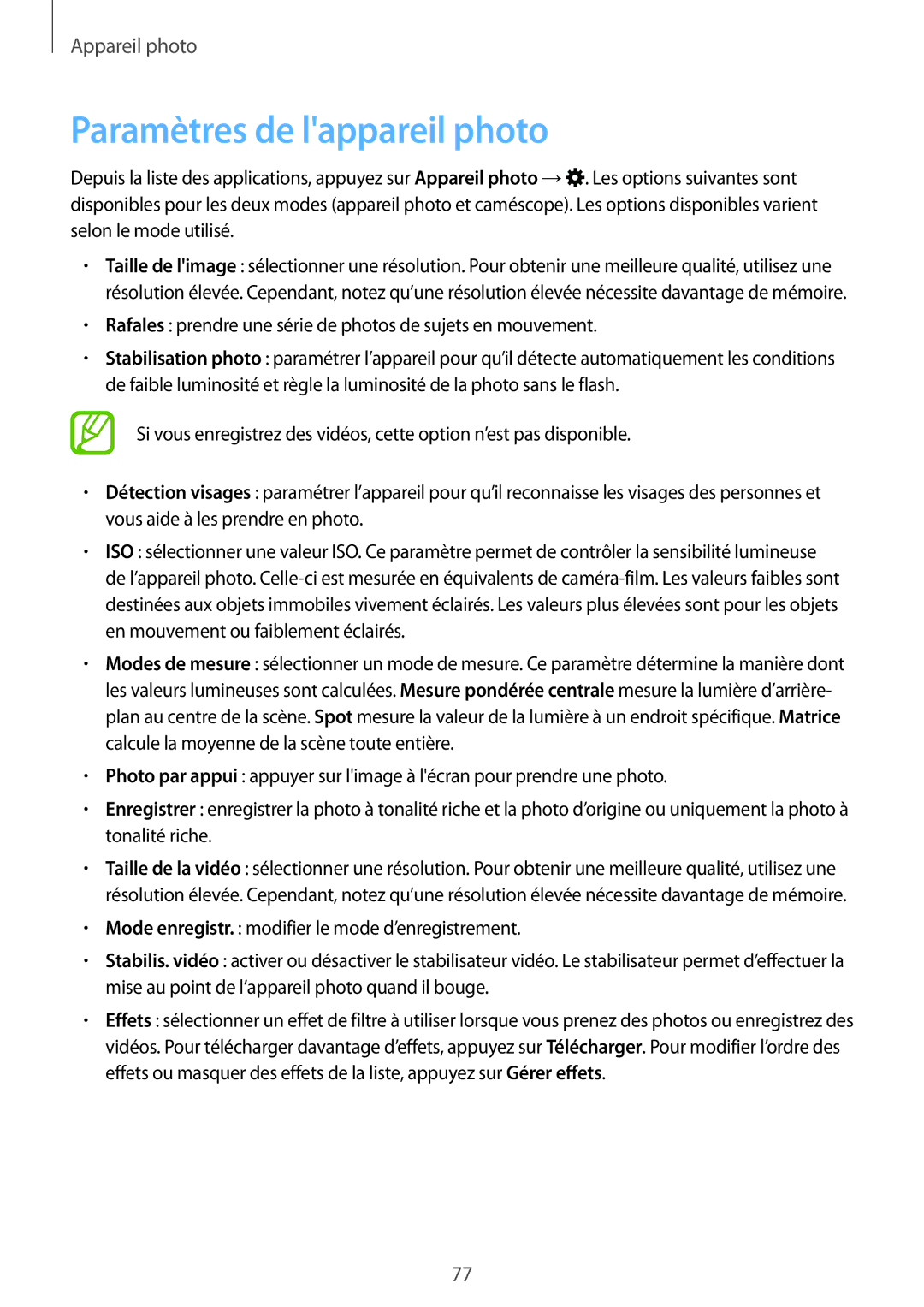 Samsung SM-T700NHAAXEF, SM-T700NZWAXEF, SM-T700NTSAXEF manual Paramètres de lappareil photo 
