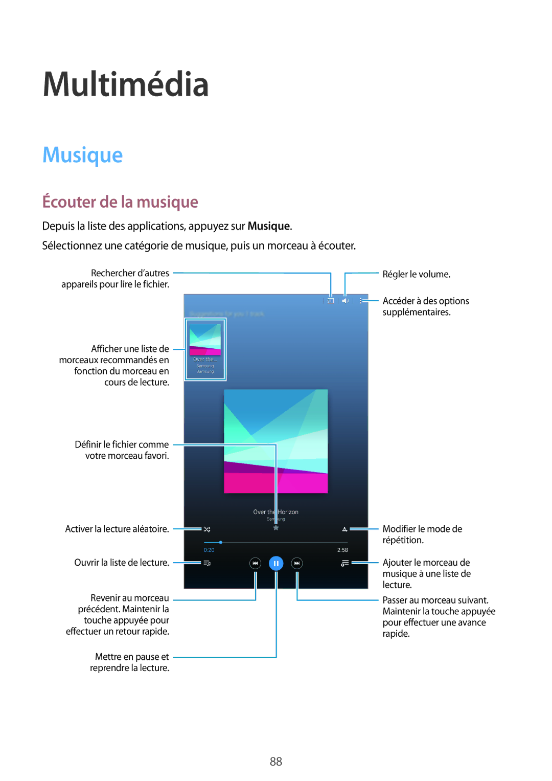 Samsung SM-T700NTSAXEF, SM-T700NZWAXEF, SM-T700NHAAXEF manual Multimédia, Musique, Écouter de la musique 