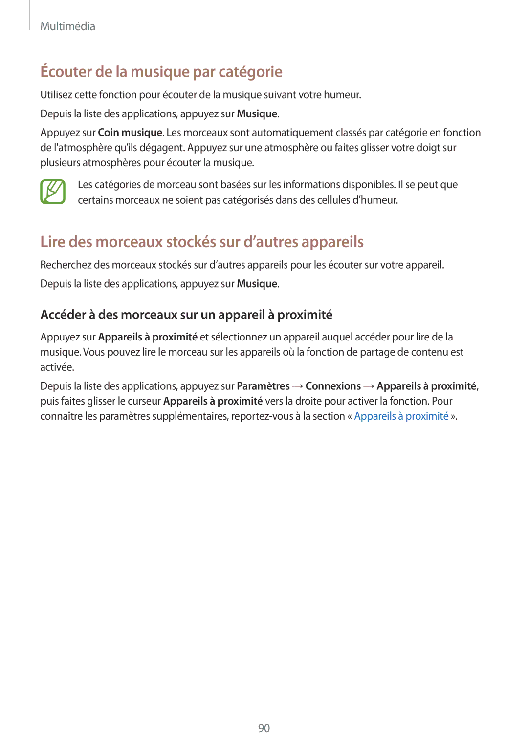 Samsung SM-T700NZWAXEF manual Écouter de la musique par catégorie, Lire des morceaux stockés sur d’autres appareils 