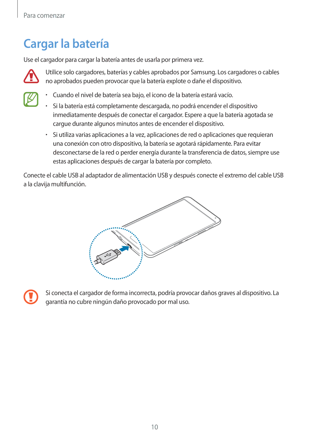 Samsung SM-T700NZWATPH, SM-T700NZWAXEO, SM-T700NZWADBT, SM-T700NTSATPH, SM-T700NTSAPHE, SM-T700NTSATGY manual Cargar la batería 