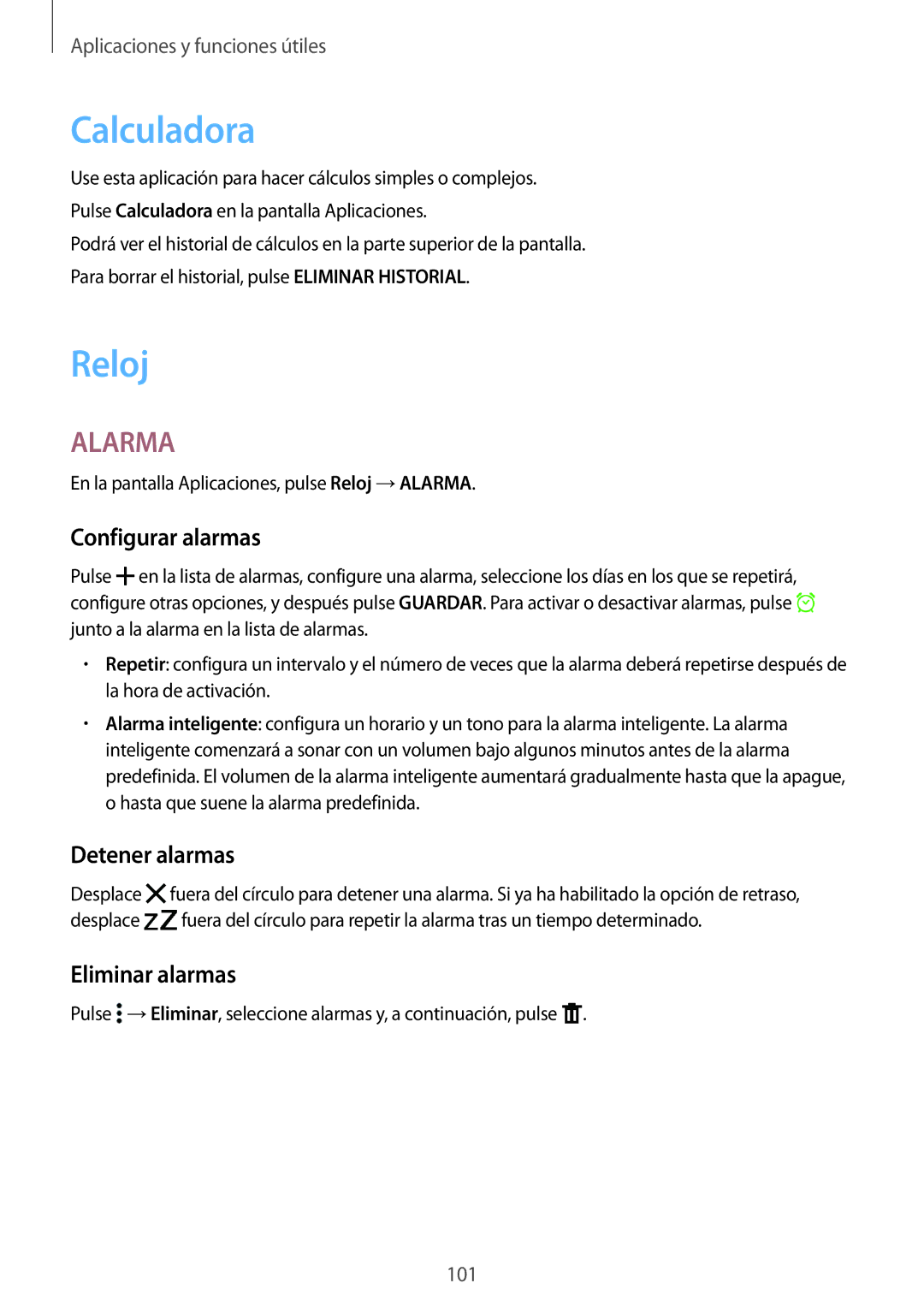 Samsung SM-T700NTSATGY, SM-T700NZWAXEO manual Calculadora, Reloj, Configurar alarmas, Detener alarmas, Eliminar alarmas 