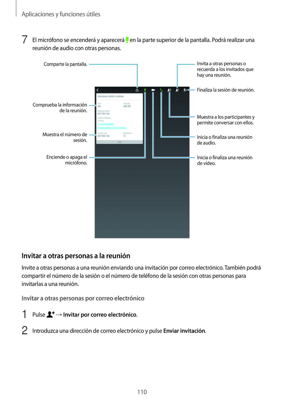 Samsung SM-T700NZWAPHE, SM-T700NZWAXEO manual Invitar a otras personas a la reunión, Pulse → Invitar por correo electrónico 