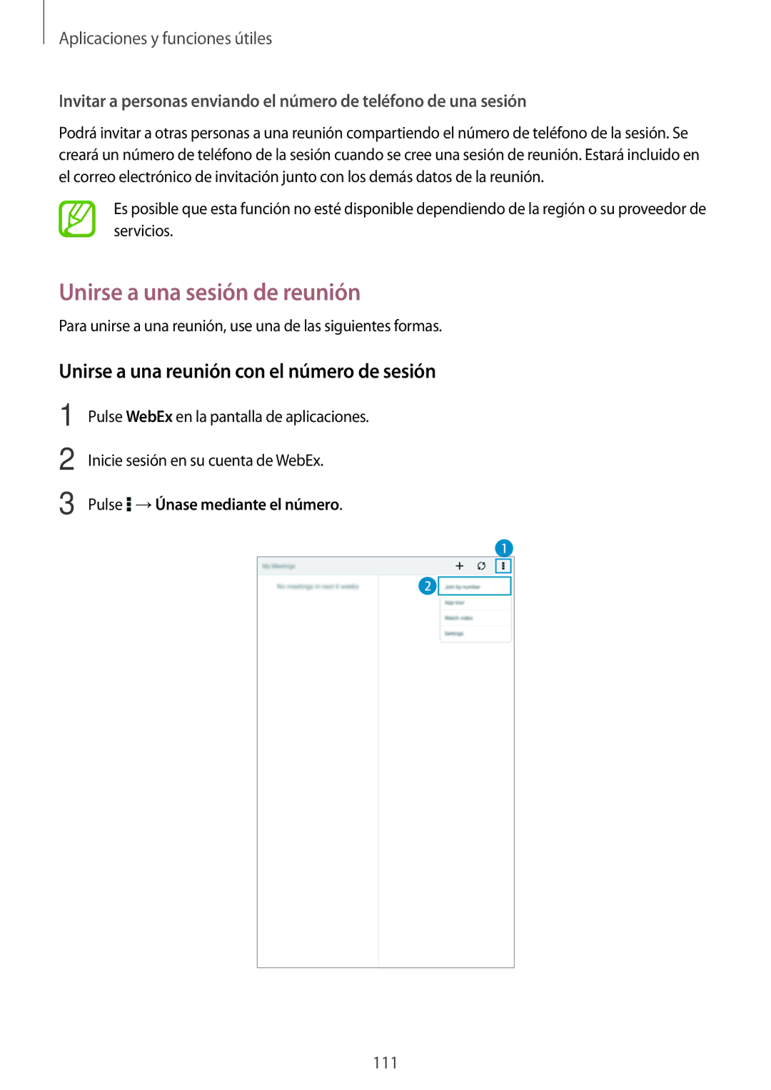 Samsung SM-T700NTSAXEH, SM-T700NZWAXEO manual Unirse a una sesión de reunión, Unirse a una reunión con el número de sesión 