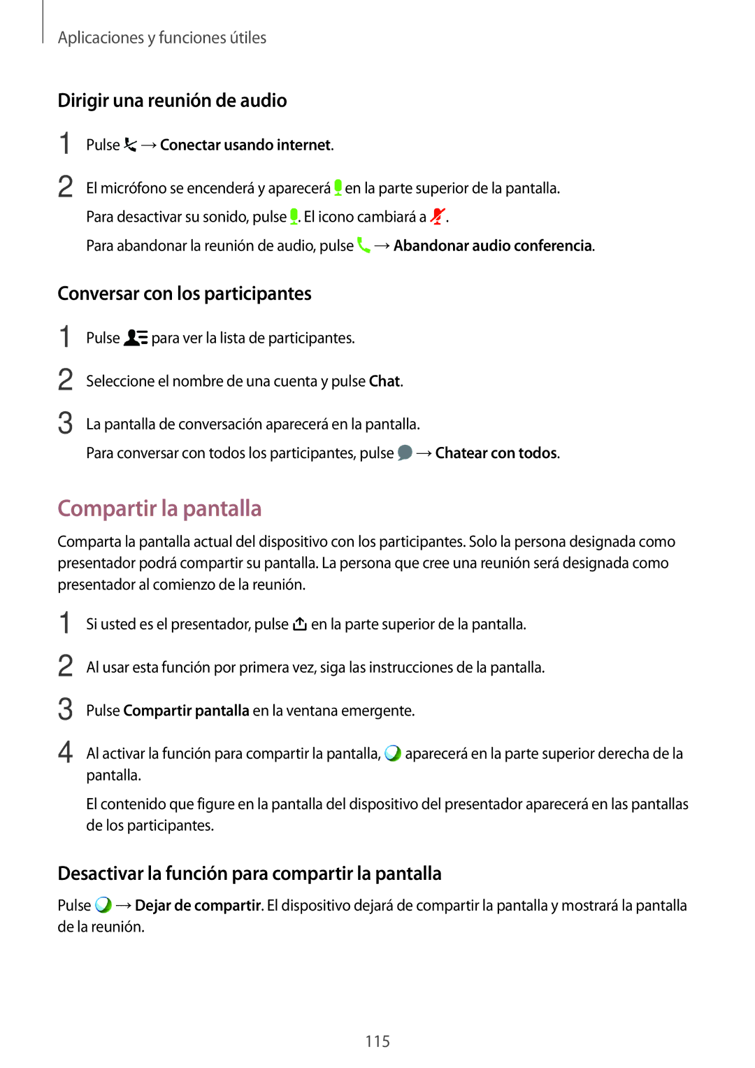 Samsung SM-T700NTSATPH manual Compartir la pantalla, Dirigir una reunión de audio, Conversar con los participantes 