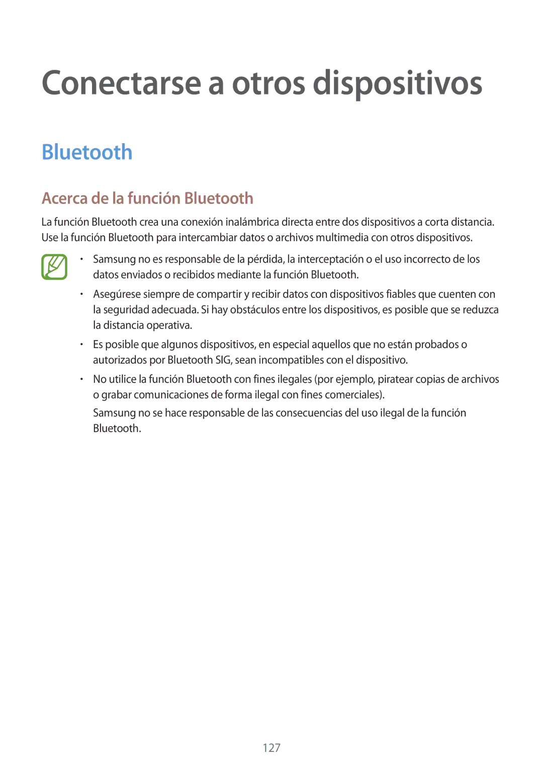 Samsung SM-T700NTSAXEH, SM-T700NZWAXEO, SM-T700NZWADBT, SM-T700NZWATPH, SM-T700NTSATPH Acerca de la función Bluetooth 