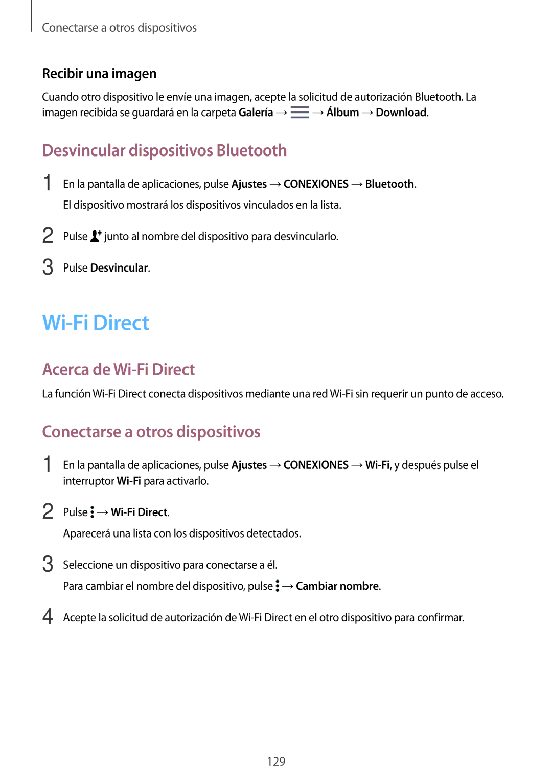 Samsung SM-T700NZWADBT Desvincular dispositivos Bluetooth, Acerca de Wi-Fi Direct, Conectarse a otros dispositivos 