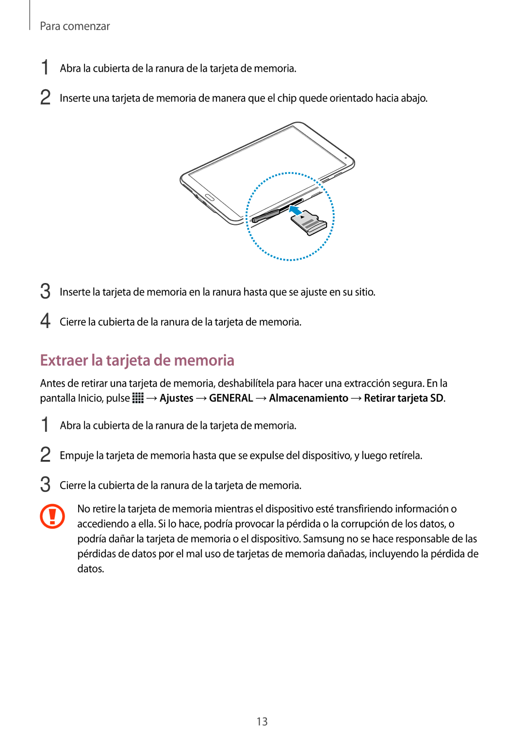 Samsung SM-T700NTSATGY, SM-T700NZWAXEO, SM-T700NZWADBT, SM-T700NZWATPH, SM-T700NTSATPH manual Extraer la tarjeta de memoria 