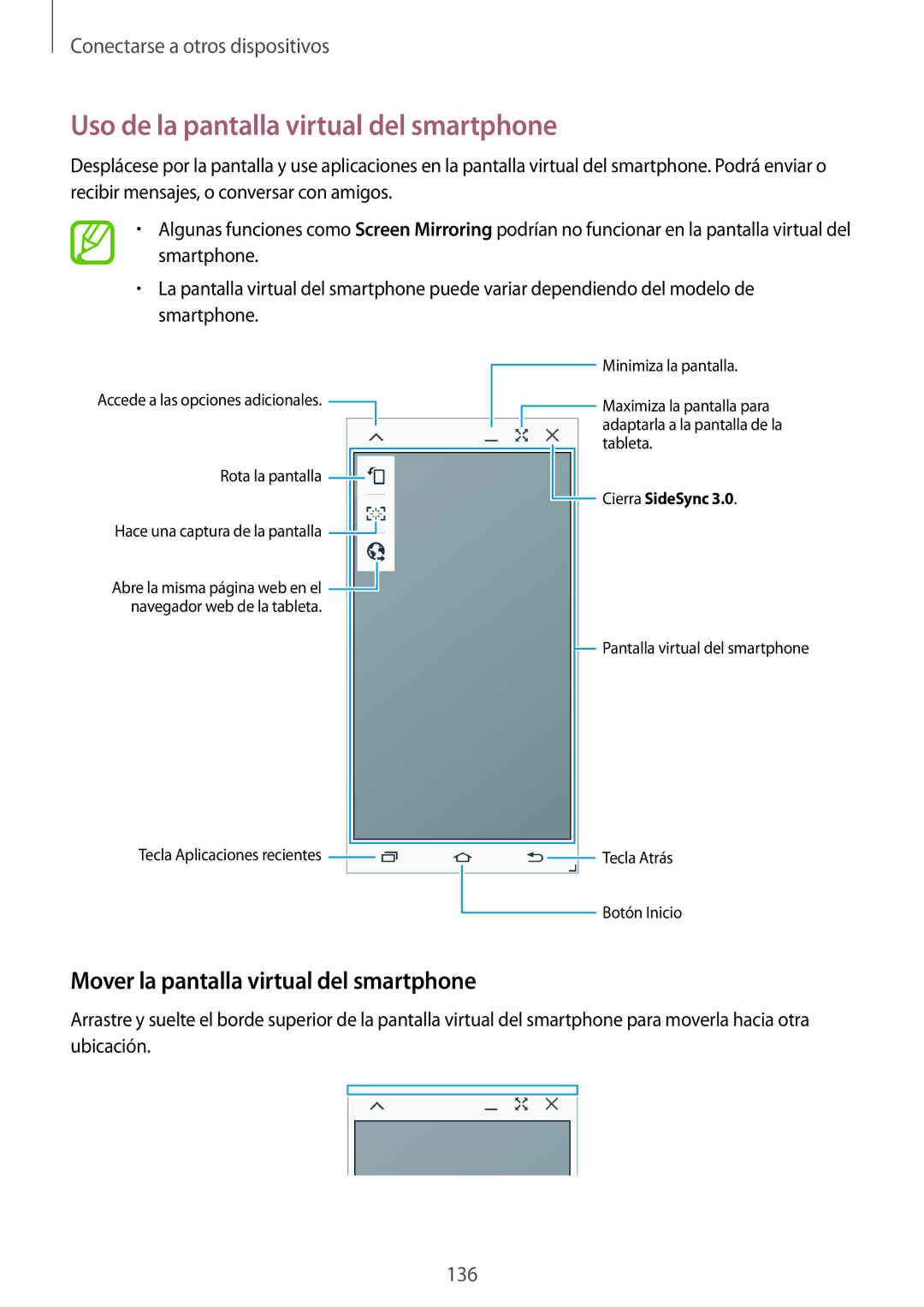 Samsung SM-T700NZWAXEO, SM-T700NZWADBT Uso de la pantalla virtual del smartphone, Mover la pantalla virtual del smartphone 