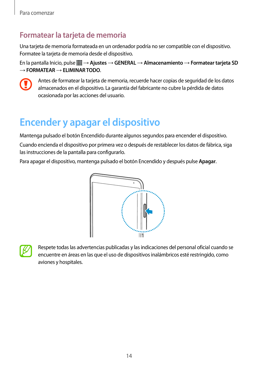 Samsung SM-T700NZWAPHE, SM-T700NZWAXEO, SM-T700NZWADBT Encender y apagar el dispositivo, Formatear la tarjeta de memoria 