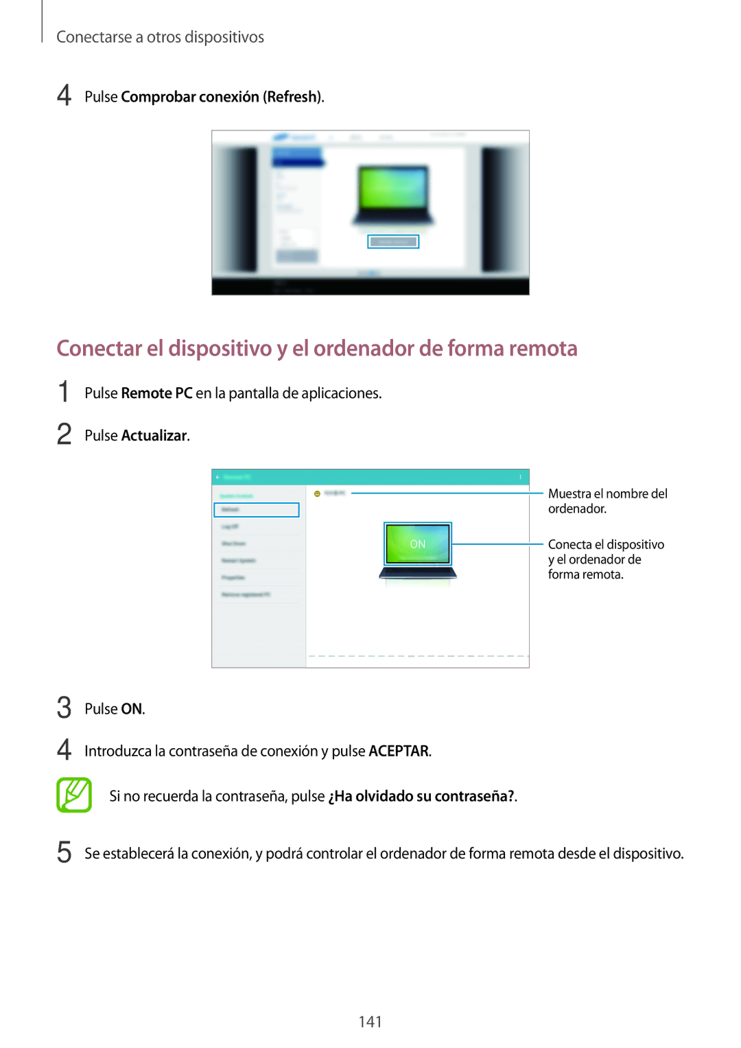 Samsung SM-T700NTSATGY manual Conectar el dispositivo y el ordenador de forma remota, Pulse Comprobar conexión Refresh 