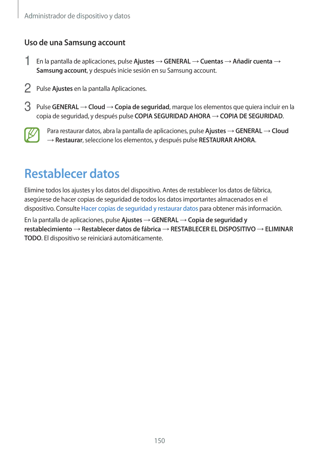Samsung SM-T700NZWAPHE, SM-T700NZWAXEO, SM-T700NZWADBT, SM-T700NZWATPH manual Restablecer datos, Uso de una Samsung account 