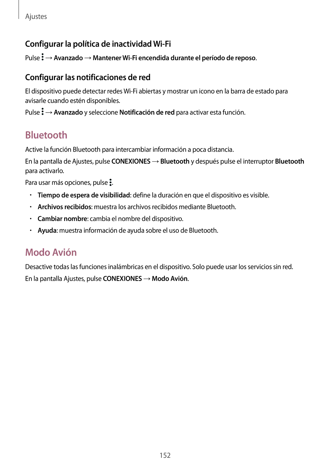 Samsung SM-T700NZWAXEO, SM-T700NZWADBT, SM-T700NZWATPH Bluetooth, Modo Avión, Configurar la política de inactividad Wi-Fi 