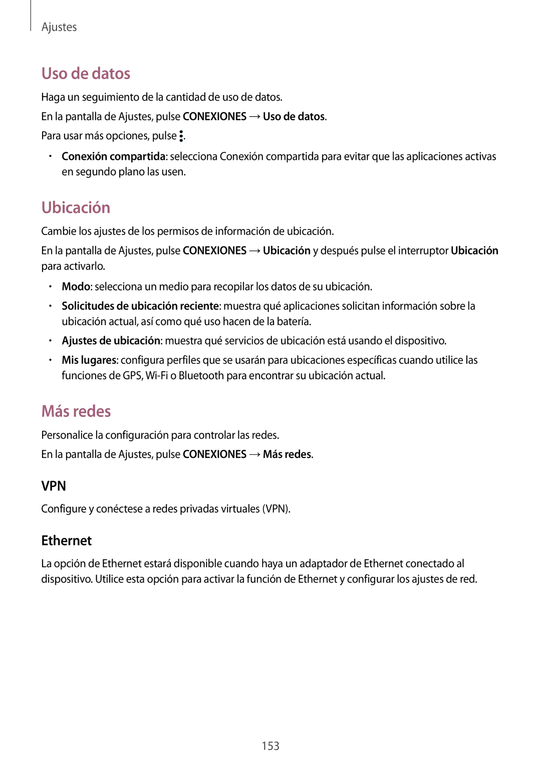 Samsung SM-T700NZWADBT Uso de datos, Ubicación, Más redes, Ethernet, Configure y conéctese a redes privadas virtuales VPN 