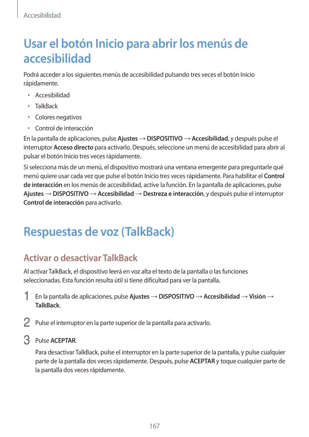 Samsung SM-T700NTSAXEH manual Usar el botón Inicio para abrir los menús de accesibilidad, Respuestas de voz TalkBack 