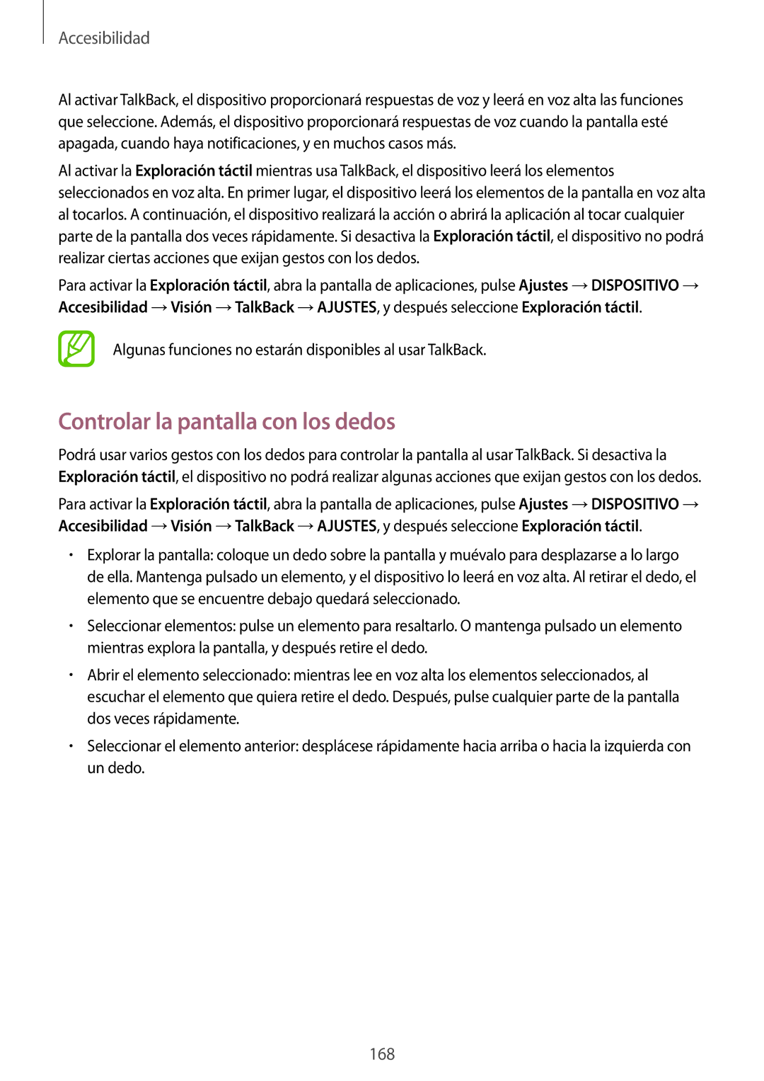 Samsung SM-T700NZWAXEO Controlar la pantalla con los dedos, Algunas funciones no estarán disponibles al usar TalkBack 