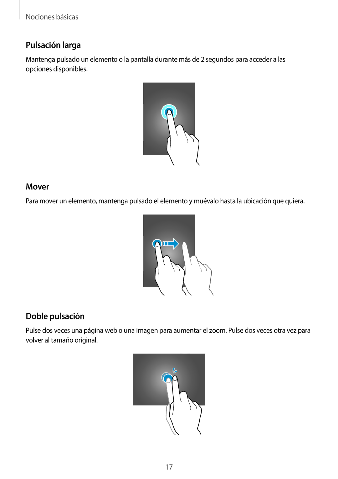 Samsung SM-T700NZWADBT, SM-T700NZWAXEO, SM-T700NZWATPH, SM-T700NTSATPH manual Pulsación larga, Mover, Doble pulsación 