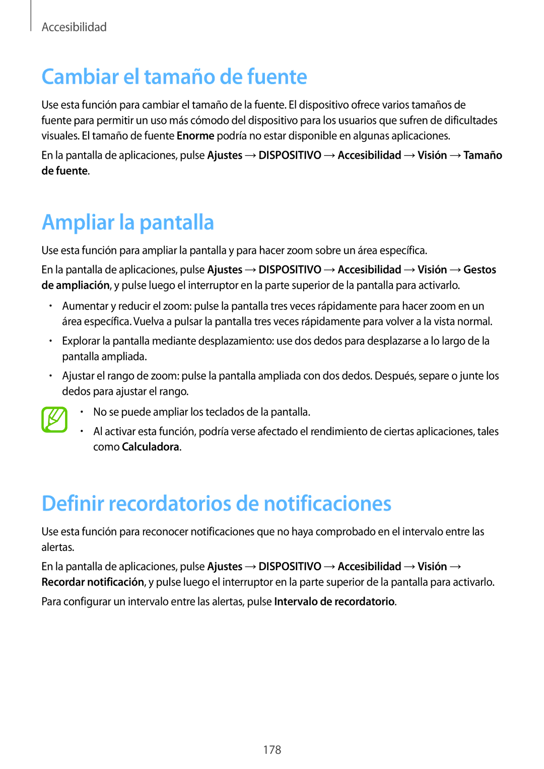 Samsung SM-T700NZWATPH manual Cambiar el tamaño de fuente, Ampliar la pantalla, Definir recordatorios de notificaciones 