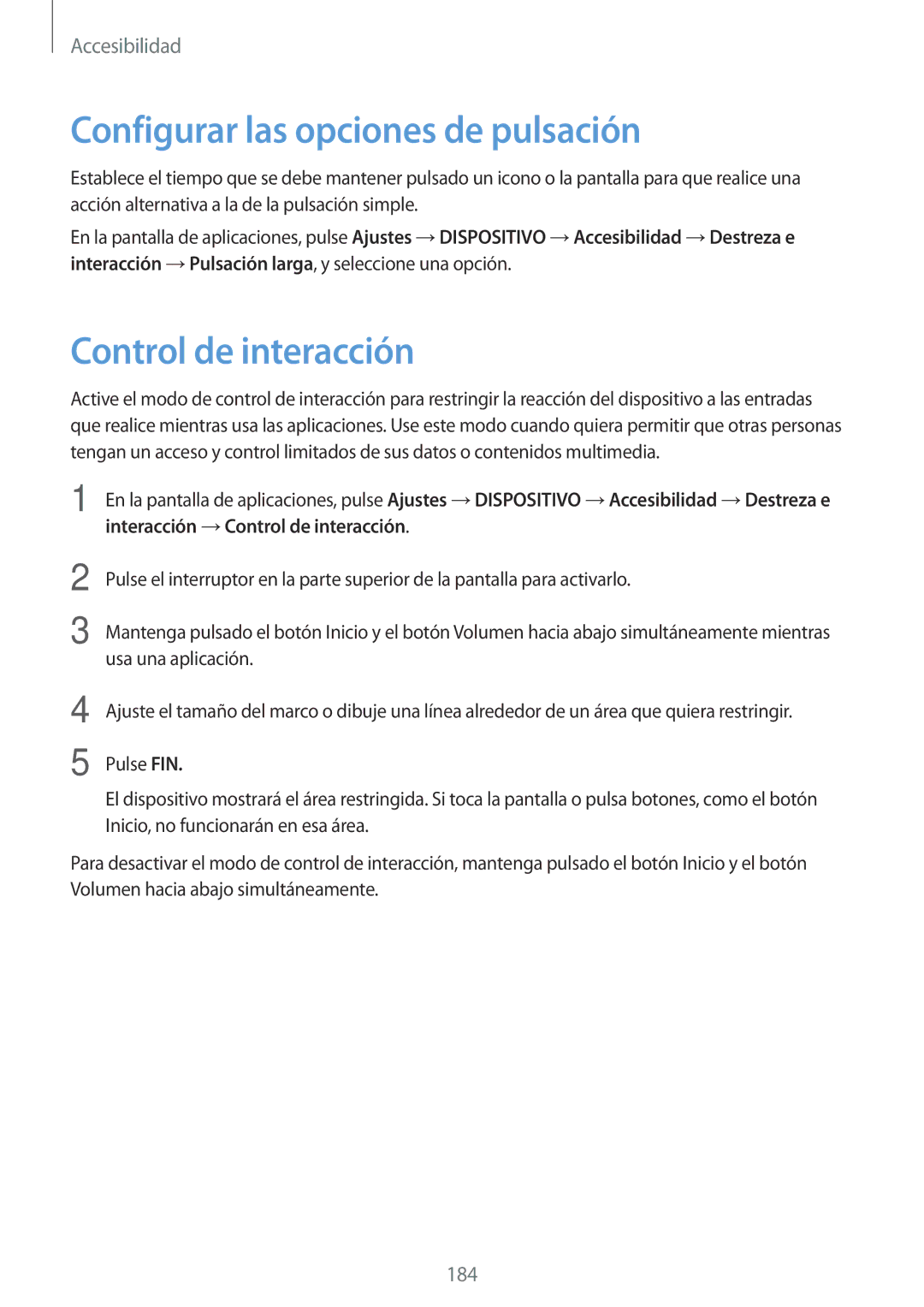 Samsung SM-T700NZWAXEO, SM-T700NZWADBT, SM-T700NZWATPH manual Configurar las opciones de pulsación, Control de interacción 