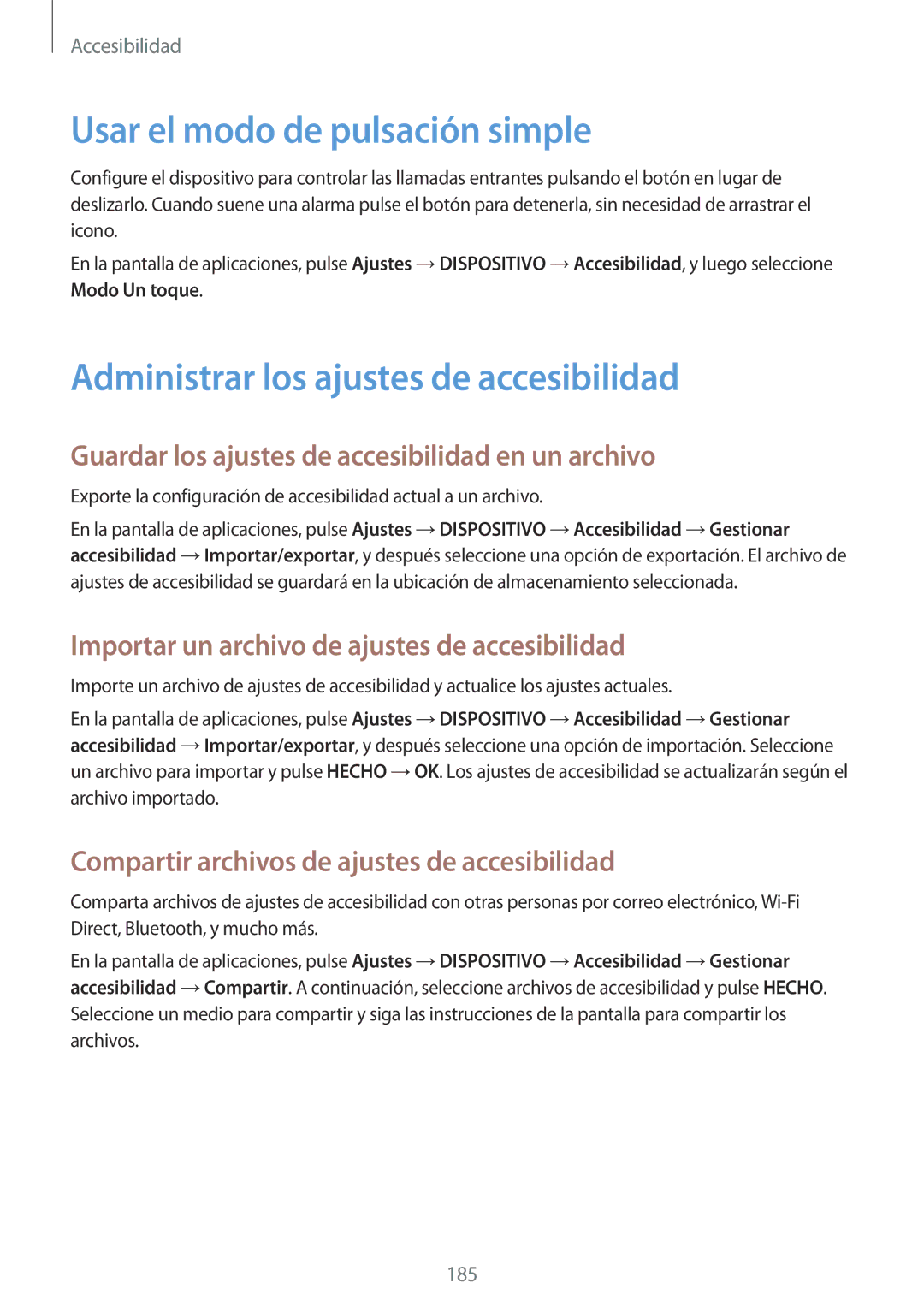 Samsung SM-T700NZWADBT, SM-T700NZWAXEO manual Usar el modo de pulsación simple, Administrar los ajustes de accesibilidad 