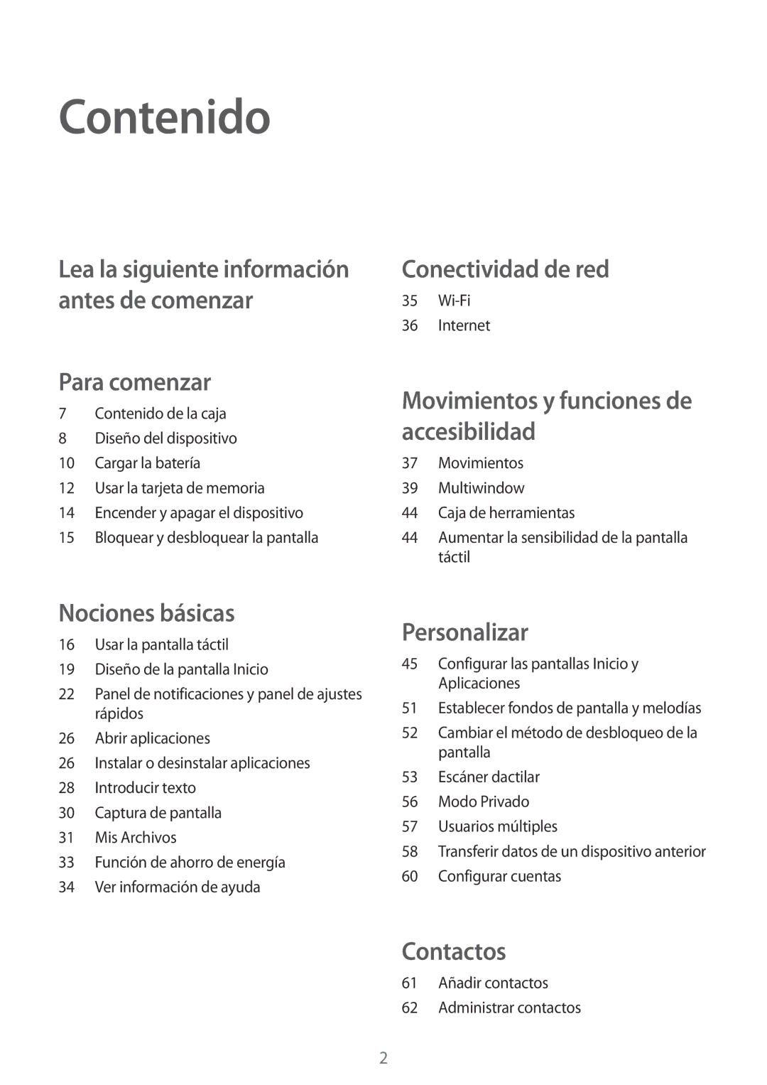 Samsung SM-T700NZWATPH, SM-T700NZWAXEO, SM-T700NZWADBT Contenido, Wi-Fi Internet, 61 Añadir contactos Administrar contactos 