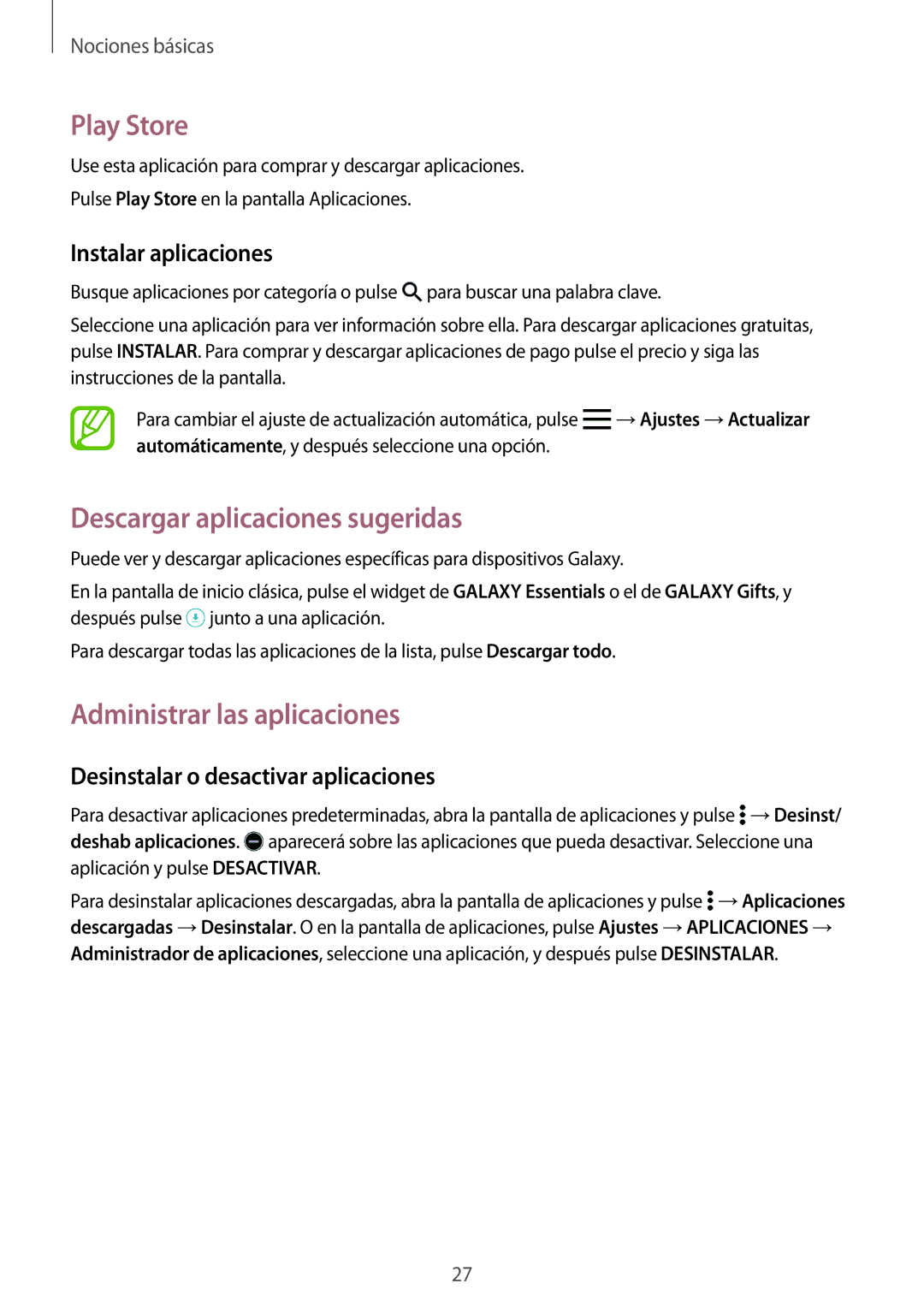 Samsung SM-T700NTSATPH, SM-T700NZWAXEO manual Play Store, Descargar aplicaciones sugeridas, Administrar las aplicaciones 