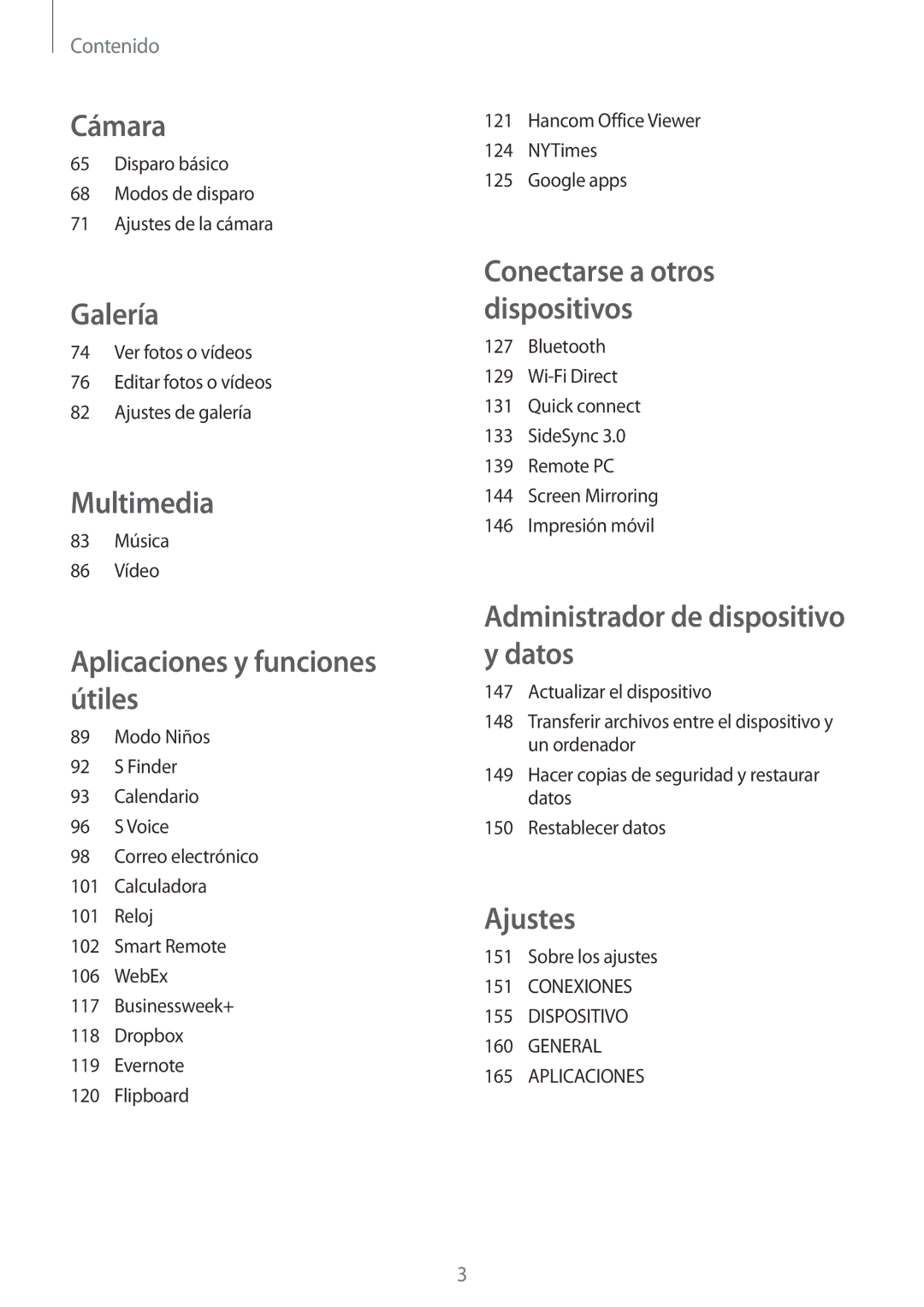 Samsung SM-T700NTSATPH manual Disparo básico Modos de disparo Ajustes de la cámara, 83 Música 86 Vídeo, Sobre los ajustes 