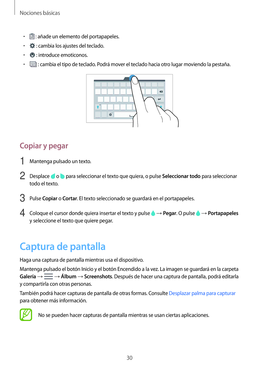 Samsung SM-T700NZWAPHE manual Captura de pantalla, Copiar y pegar, Haga una captura de pantalla mientras usa el dispositivo 