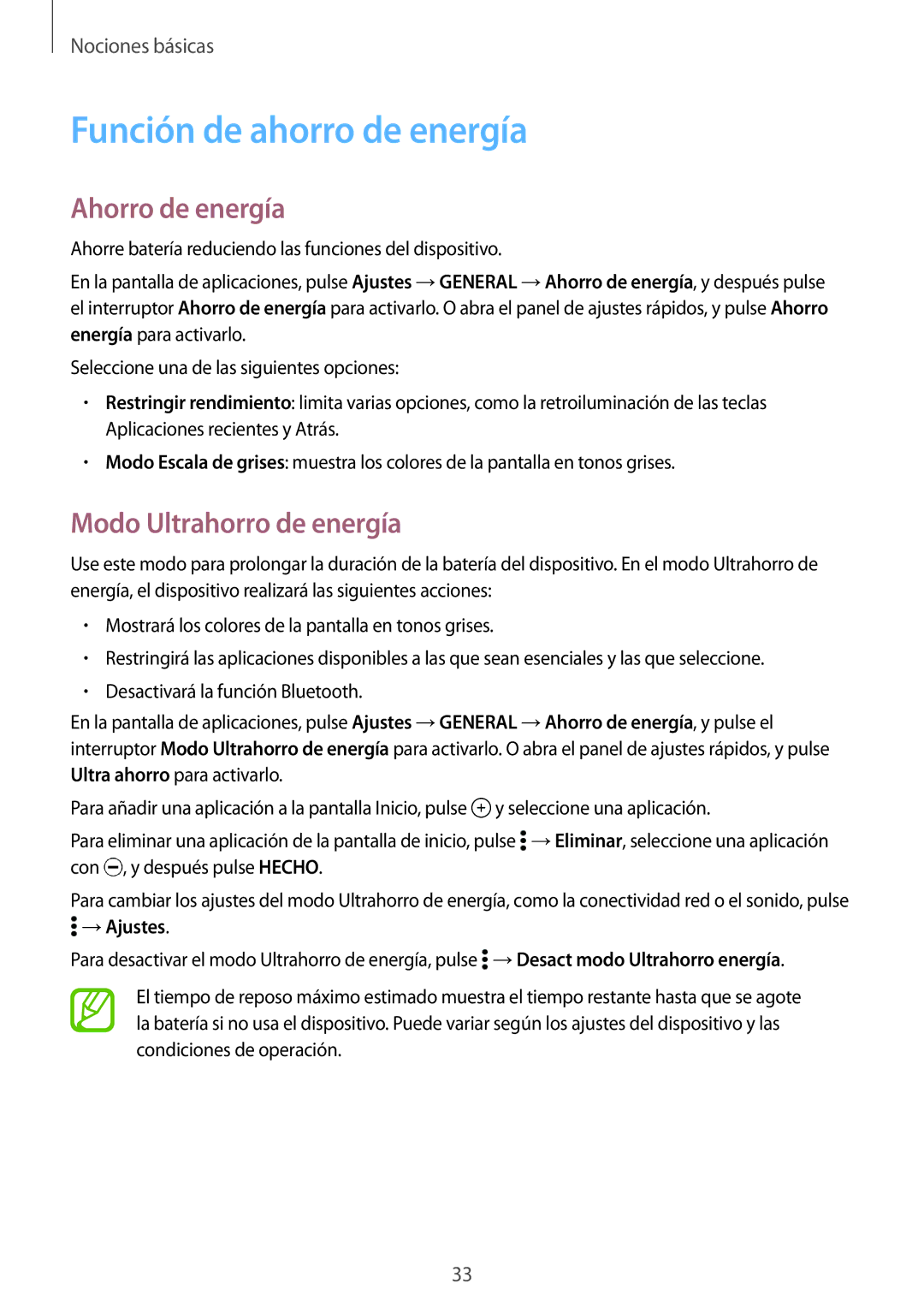 Samsung SM-T700NZWADBT, SM-T700NZWAXEO manual Función de ahorro de energía, Ahorro de energía, Modo Ultrahorro de energía 