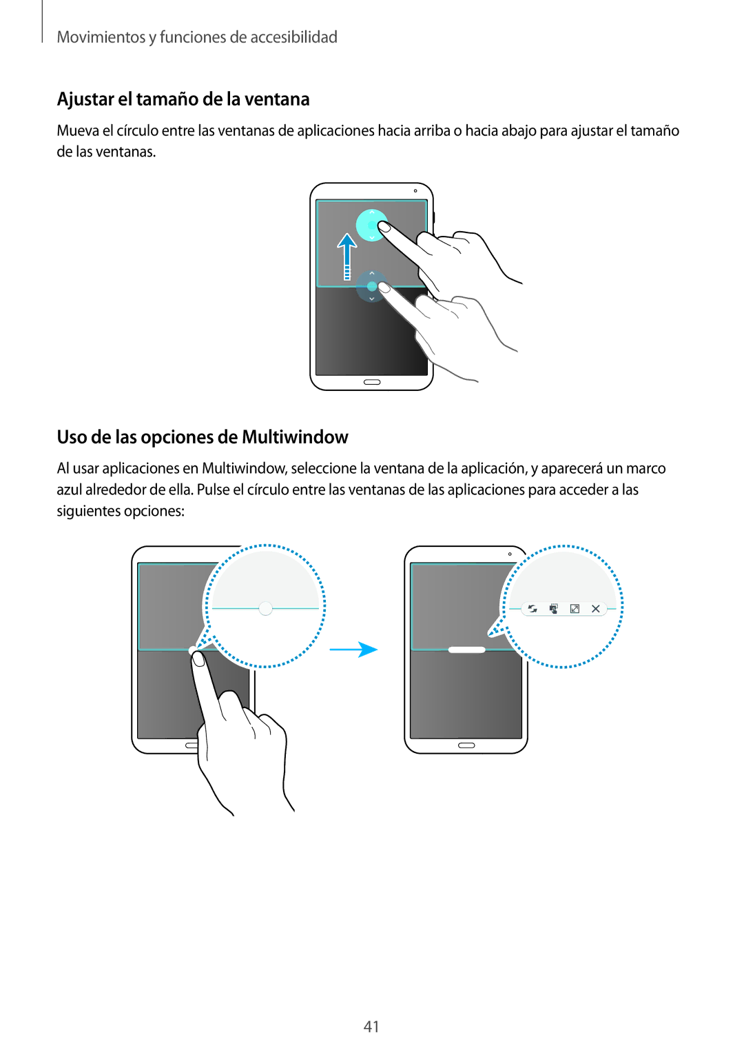 Samsung SM-T700NZWADBT, SM-T700NZWAXEO, SM-T700NZWATPH Ajustar el tamaño de la ventana, Uso de las opciones de Multiwindow 