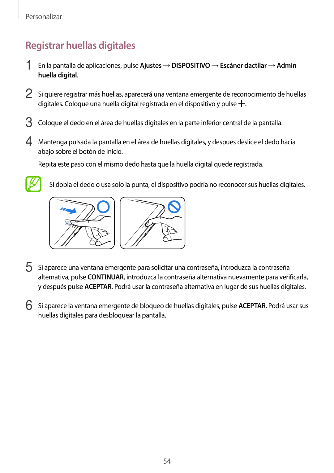 Samsung SM-T700NZWAPHE, SM-T700NZWAXEO, SM-T700NZWADBT, SM-T700NZWATPH, SM-T700NTSATPH manual Registrar huellas digitales 