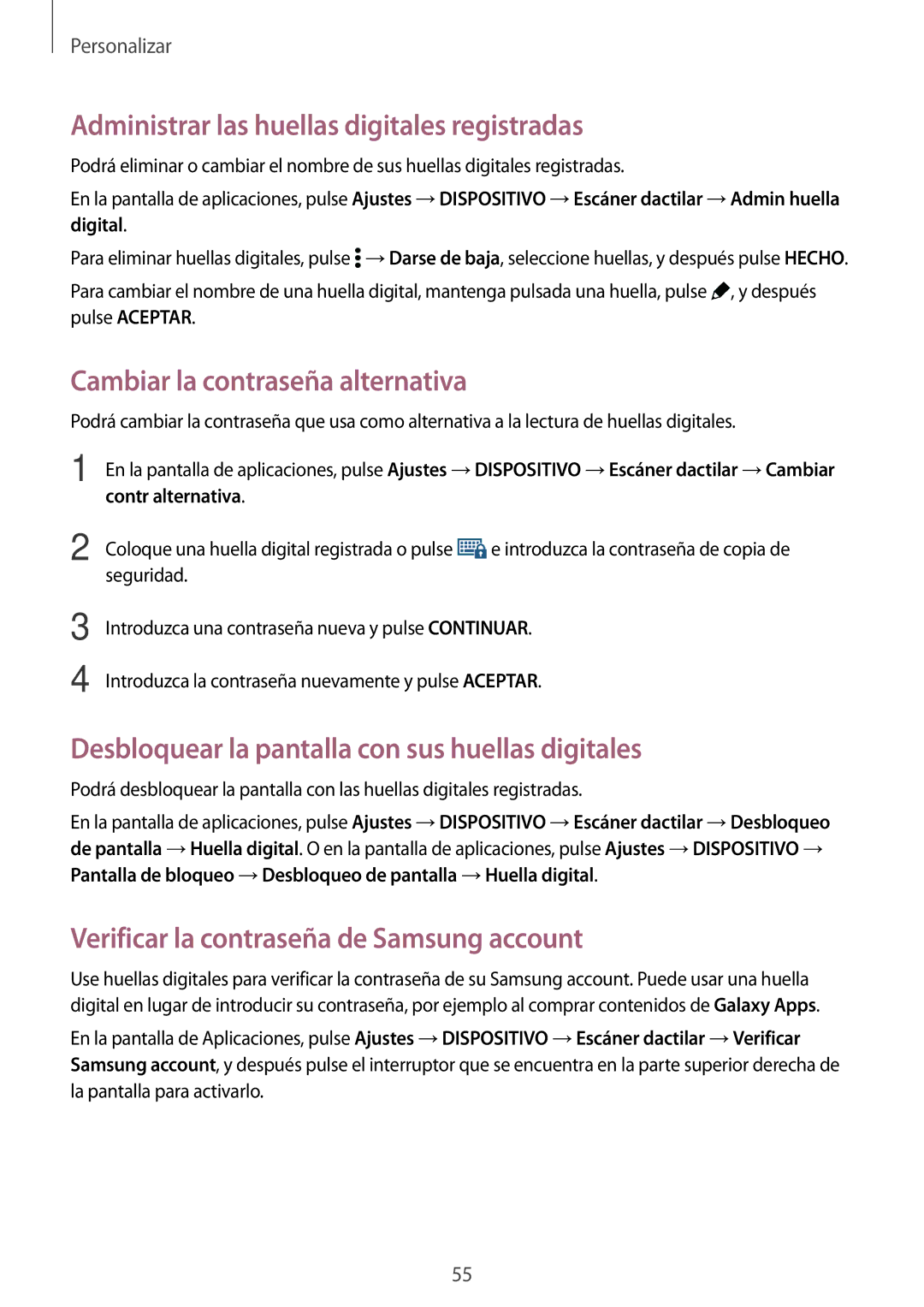 Samsung SM-T700NTSAXEH Administrar las huellas digitales registradas, Cambiar la contraseña alternativa, Contr alternativa 