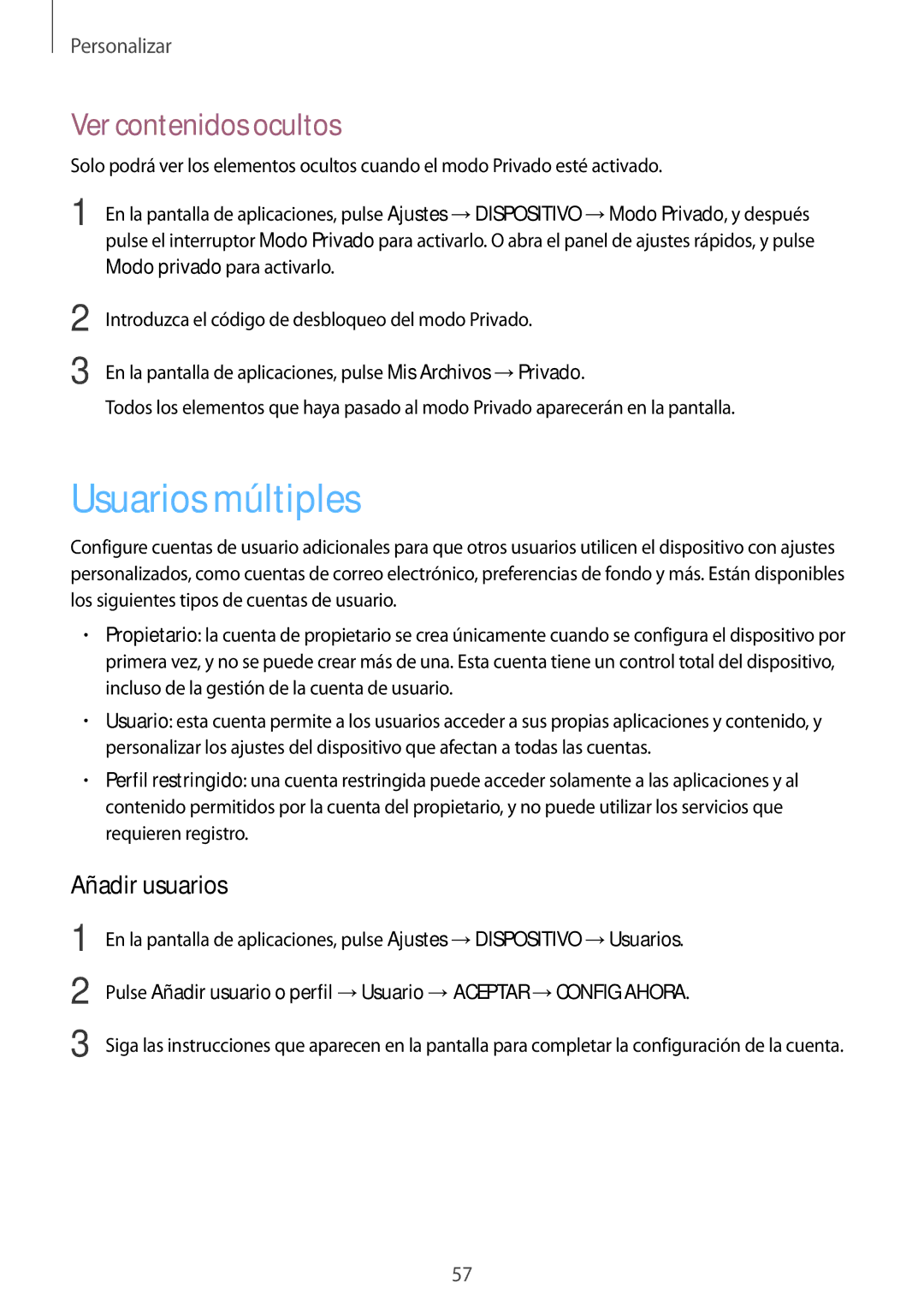 Samsung SM-T700NZWADBT, SM-T700NZWAXEO, SM-T700NZWATPH manual Usuarios múltiples, Ver contenidos ocultos, Añadir usuarios 