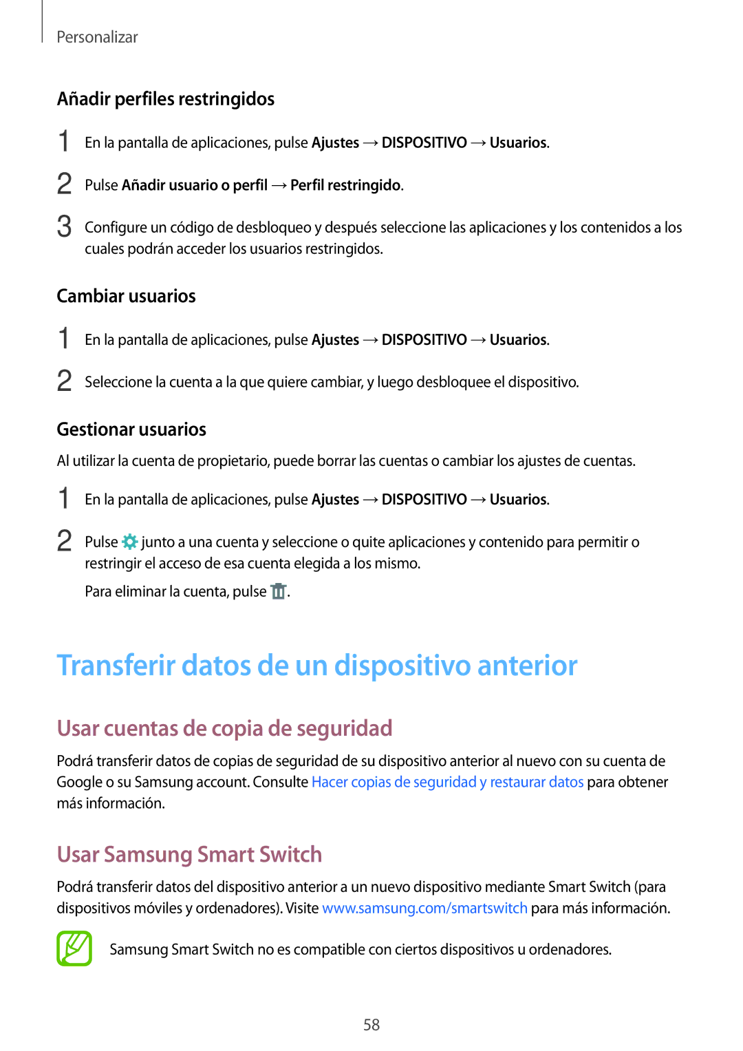 Samsung SM-T700NZWATPH, SM-T700NZWAXEO Transferir datos de un dispositivo anterior, Usar cuentas de copia de seguridad 