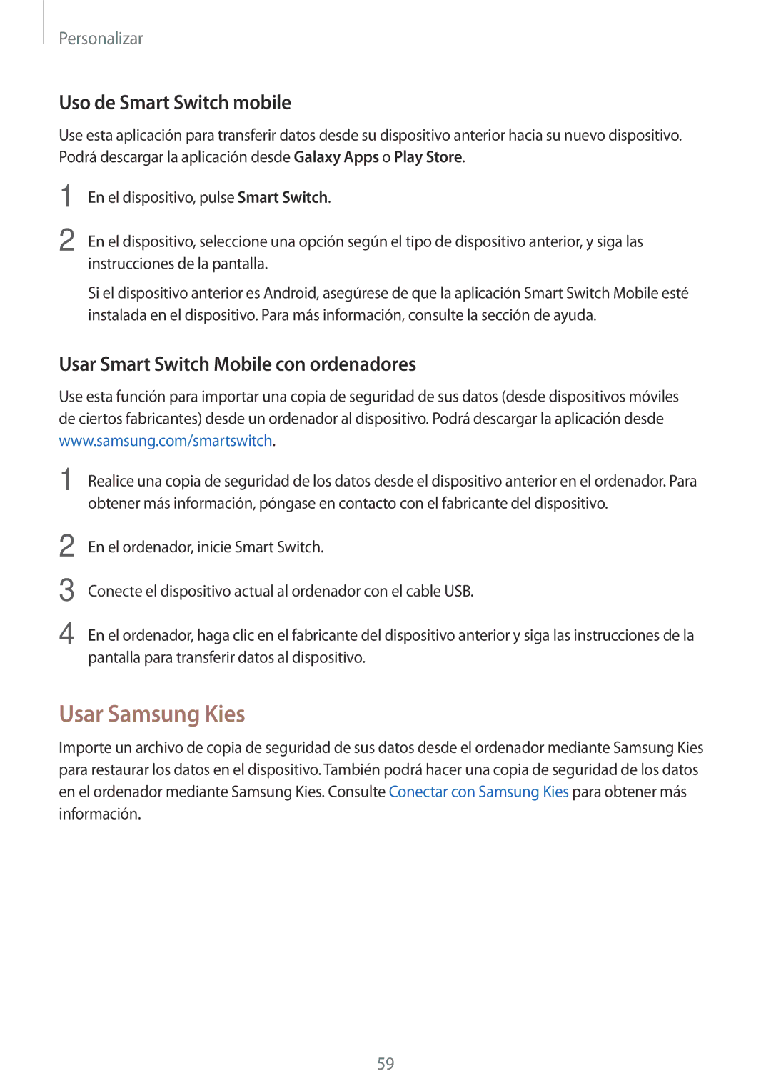 Samsung SM-T700NTSATPH manual Usar Samsung Kies, Uso de Smart Switch mobile, Usar Smart Switch Mobile con ordenadores 